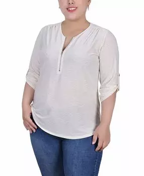 Жаккардовый вязаный топ размера плюс 3/4 с застежкой-молнией спереди NY Collection