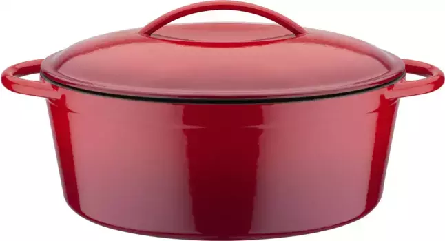 Жаровня GSW "Red Shadow", чугун, овальная, паровой конус в крышке для приготовления в собственном соку, 33х25см, индукция 33 см + высота 13,0 см, красный