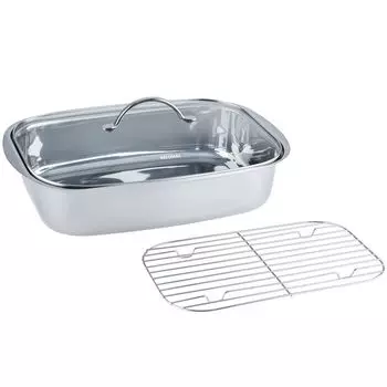 Жаровня Kelomat Classico, 3 предмета, с решеткой и стеклянной крышкой, 6 литров, нержавеющая сталь Riess, серебро