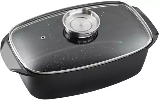 Жаровня KING "5 литров", литой алюминий, кнопка ароматизации, индукционная, со стеклянной крышкой, антипригарное керамическое покрытие 5 литров + высота 16,5 см., черный