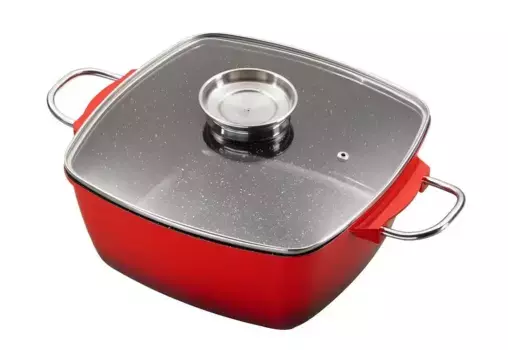 Жаровня KING, литой алюминий, (1 шт.), со стеклянной крышкой и кнопкой ароматизации, индукционная 5 литров + высота 16 см., красный