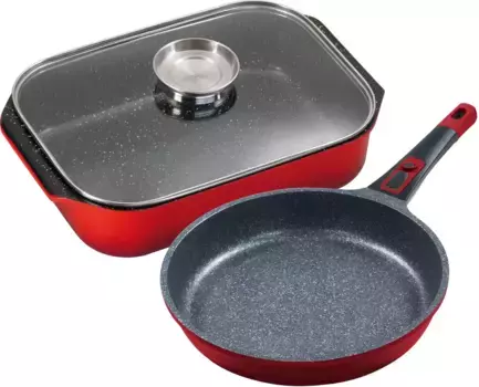 Жаровня KING, литой алюминий, (набор, 3 предмета), кастрюля/жаровня 6 литров 40x26 см, включая стеклянную крышку, "Fusion", 1 противень 20 см + Высота 8,5 см., красный