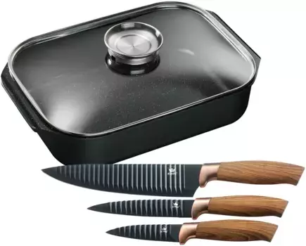 Жаровня KING, литой алюминий, (набор, 5 шт.), жаровня 6 л + стеклянная крышка, керамическое покрытие "Fusion", кнопка ароматизации, нож + Высота 8,5 см., цвет holzfarben