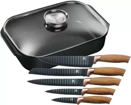 Жаровня KING, литой алюминий, (набор, 7 предметов), жаровня/сотейник 6 л, керамическое покрытие "Fusion", кнопка ароматизации, нож + Высота 8,5 см., цвет holzfarben