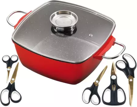 Жаровня KING, литой алюминий, (набор, 7 шт.), жаровня/сотейник 5л + стеклянная крышка, индукция, керамическое покрытие 28 см + высота 18 см, черный