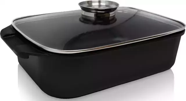 Жаровня Krger "Ароматная жаровня из литого алюминия со стеклянной крышкой и кнопкой ароматизации DELTA, 34,5x24x9 см", литой алюминий, (1 шт.), подходит для индукционных плит + Высота 9 см, черный