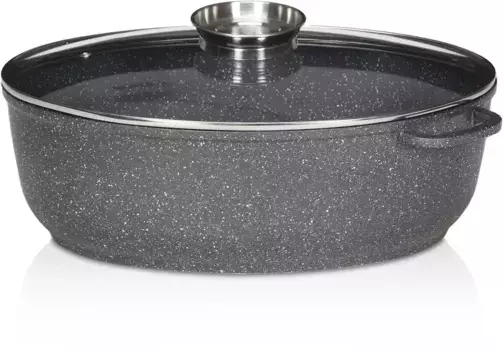 Жаровня Krger "Жаровня для гуся, литая алюминиевая, со стеклянной крышкой и кнопкой ароматизации Dallas, 38 x 26 x 13 см", литой алюминий, (1 шт.), подходит для индукционных плит + Высота 13 см., серый