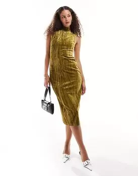 Жатый бархат миди платье с высоким воротом и открытой спиной цвета авокадо Emory Park