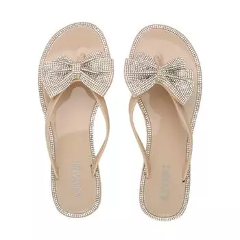 Желейные сандалии на плоском каблуке с ромбовидным носком и бантиком, шлепанцы AJVANI, нюд
