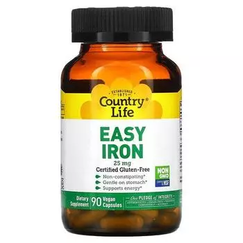 Железо в легкоусвояемой форме, Country Life, 25 мг, 90 растительных капсул