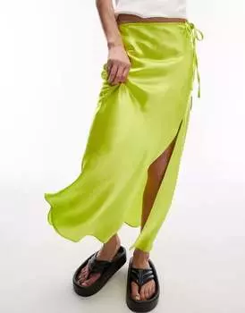 Желтая асимметричная юбка миди с разрезом и завязками Topshop