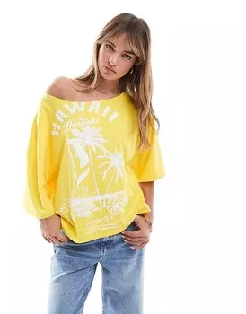 Желтая футболка свободного кроя с открытыми плечами с гавайским принтом ASOS DESIGN