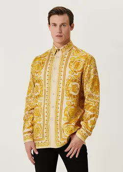 Желтая шелковая рубашка с узором в стиле барокко Versace