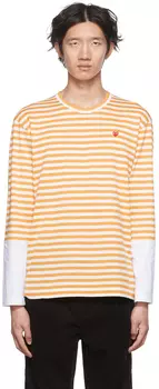 Желто-белая футболка с длинным рукавом с сердечками Comme des Garons Play