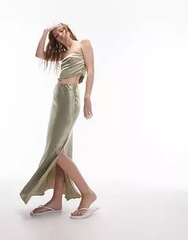 Желто-коричневая юбка до пола в стиле Coord Topshop с разрезом по бокам