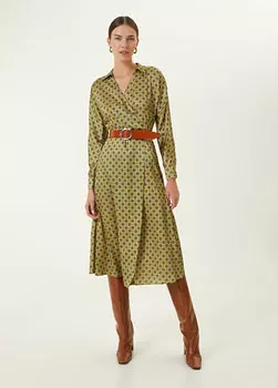 Желто-зеленое двубортное платье миди с узором Beymen