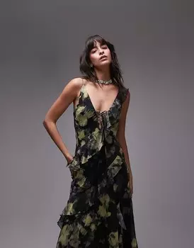 Желто-зеленое платье макси с цветочными рюшами Topshop