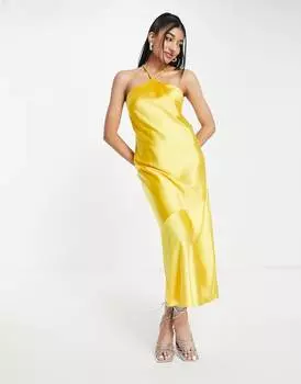 Желтое атласное платье-комбинация макси с лямкой на шее Miss Selfridge