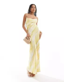 Желтое атласное платье макси с глубоким вырезом на спине и абстрактным принтом Object
