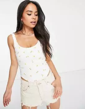 Желтое боди в рубчик с цветочным принтом ASOS DESIGN