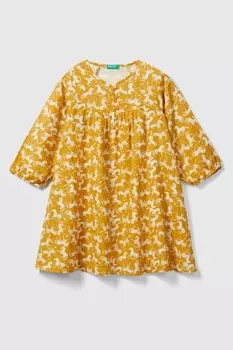 Желтое хлопковое платье для девочки Benetton, желтый