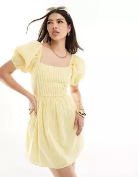 Желтое хлопковое текстурированное мини-платье со шнуровкой на спине ASOS DESIGN
