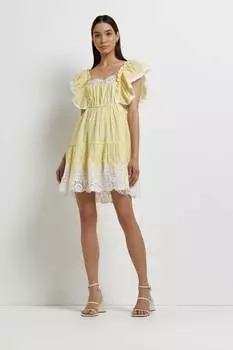 Желтое летнее мини-платье с кружевной отделкой River Island, желтый