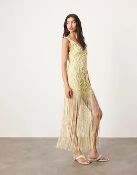 Желтое платье макси из атласа Cornelli с вышивкой и бахромой ASOS EDITION