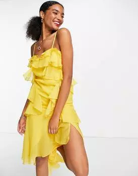 Желтое платье миди косого кроя с рюшами на спине ASOS DESIGN