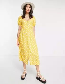 Желтое платье миди с короткими рукавами и объемными рукавами Vero Moda