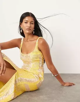 Желтое платье миди с квадратным вырезом и украшением ASOS EDITION