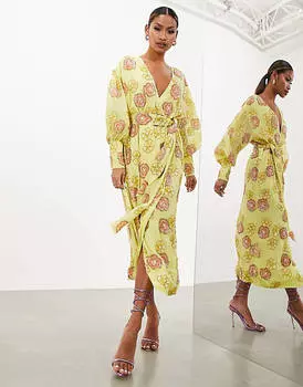Желтое платье миди с запахом и пайетками ASOS EDITION