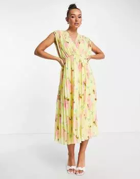 Желтое платье миди с запахом и складками ASOS DESIGN