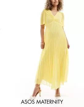 Желтое платье миди со складками и развевающимися рукавами ASOS DESIGN Maternity