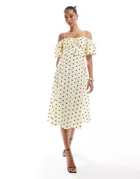 Желтое платье миди в горошек с объемными рукавами River Island