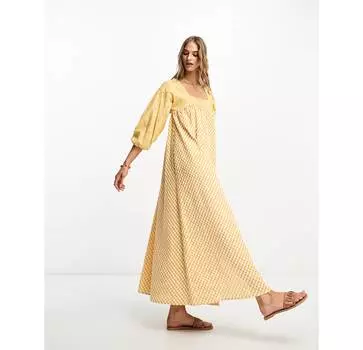 Желтое платье миди в мелкую клетку с вышивкой ASOS DESIGN