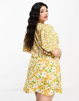 Желтое платье мини с цветочным принтом и развевающимися рукавами Wednesday's Girl Curve