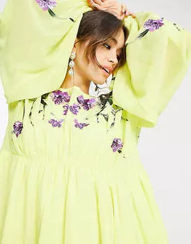 Желтое платье мини с пышными рукавами и вышитым лифом ASOS EDITION