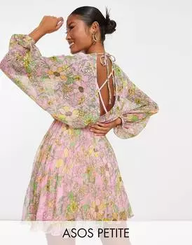 Желтое платье мини со складками и цветочным принтом ASOS DESIGN Petite