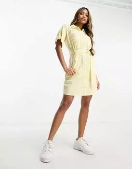 Желтое платье-рубашка из жатого хлопка с поясом с D-образным кольцом ASOS