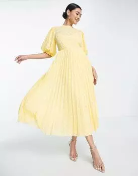 Желтое плиссированное платье миди с высоким воротником и пышными рукавами ASOS DESIGN ASOS DESIGN