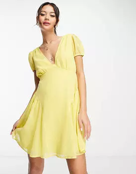 Желтое шифоновое платье мини с короткими рукавами и v-образным вырезом ASOS DESIGN