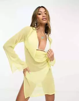 Желтое шифоновое платье с длинными рукавами и жатыми рукавами ASYOU