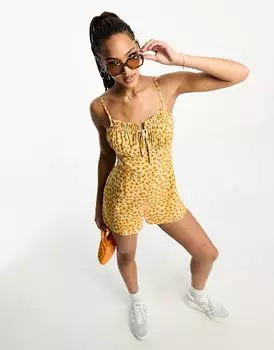 Желтый комбинезон с цветочным принтом и завязками на бретельках Wednesday's Girl