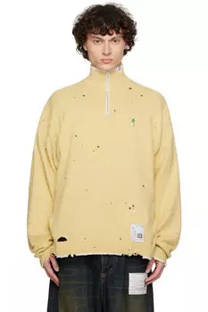 Желтый потертый трикотажный свитер с застежкой-молнией на половину длины Maison MIHARA YASUHIRO