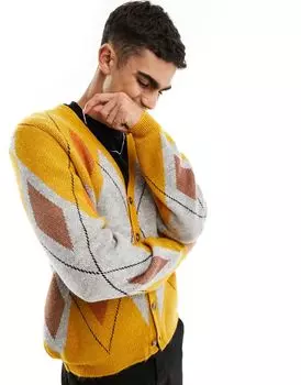 Желтый пушистый кардиган непринужденной вязки с плиточным узором ASOS DESIGN
