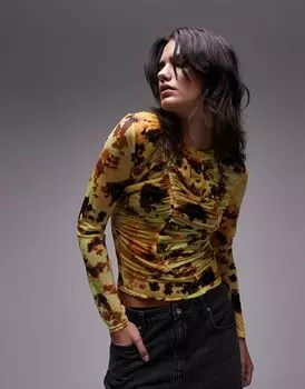 Желтый сетчатый топ со сборками и длинными рукавами Topshop