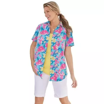 Женщина в идеальной женской рубашке с коротким рукавом больших размеров Woman Within, цвет Azure Watercolor