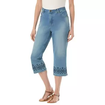 Женщина в женских эластичных джинсах-капри больших размеров для миниатюрных женщин Woman Within, цвет Light Stonewash Border