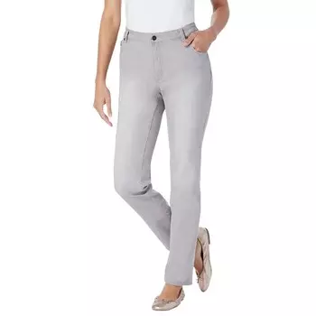 Женщина в женских эластичных джинсах прямого кроя больших размеров для высоких Woman Within, цвет Grey Sanded Wash